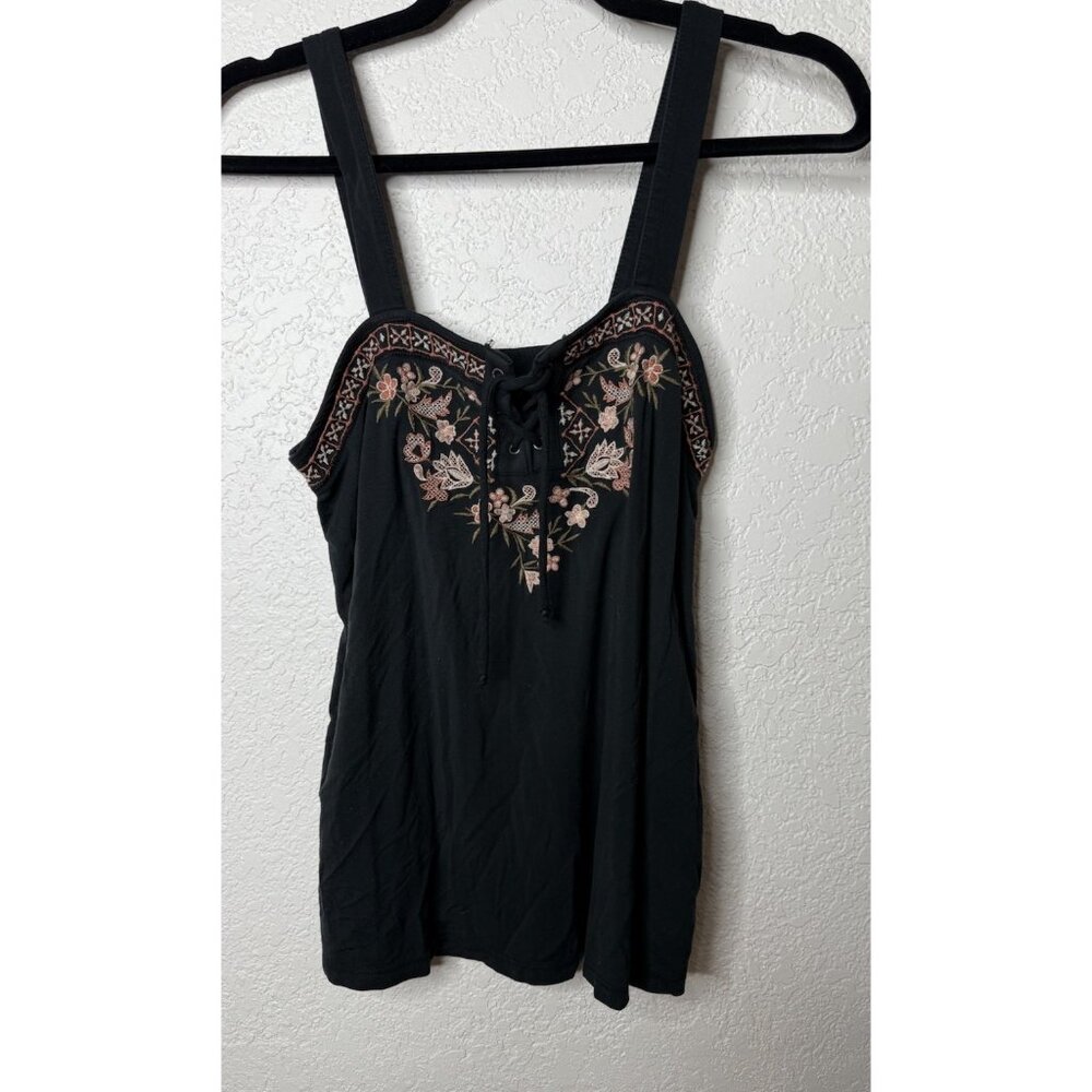 American Eagle Soft & Sexy Tank Black Floral Embroidered Small Tie Front Loose I